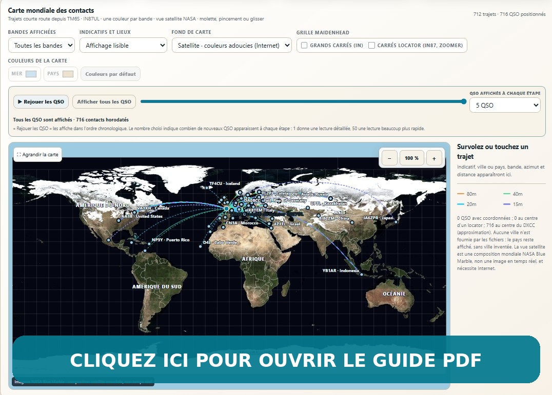 Carte mondiale des contacts QSO — cliquez pour ouvrir le guide PDF de l’Analyseur ADIF / Contest F4HRG